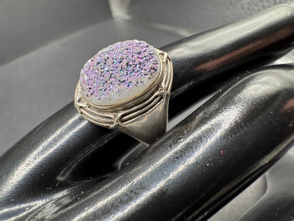 Vintage Purple Druzy Quartz Ring Sterling Silver 925 NB Signed Size 8